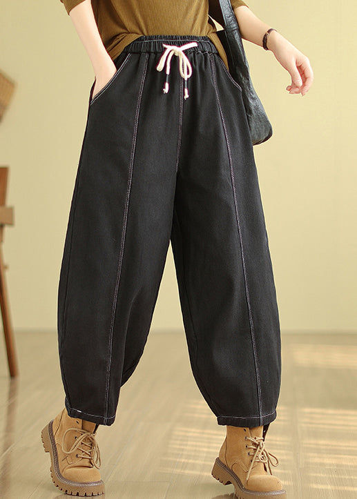 Black Pockets Patchwork Warm Fleece Denim Pants Winter