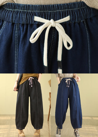 Black Pockets Patchwork Warm Fleece Denim Pants Winter
