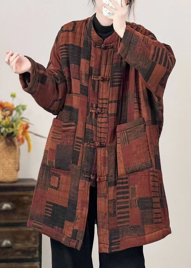 Black Pockets Print Oriental Button Fine Cotton Filled Coat Winter