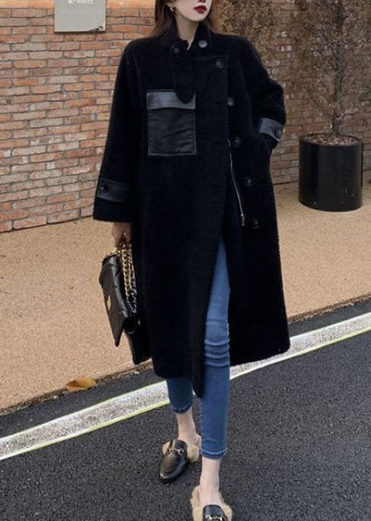 Black Pockets Zippered Patchwork Teddy Coats Fall