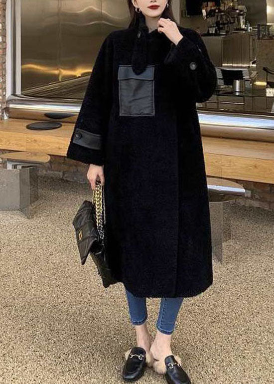 Black Pockets Zippered Patchwork Teddy Coats Fall