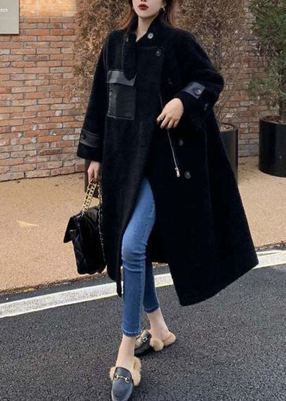 Black Pockets Zippered Patchwork Teddy Coats Fall