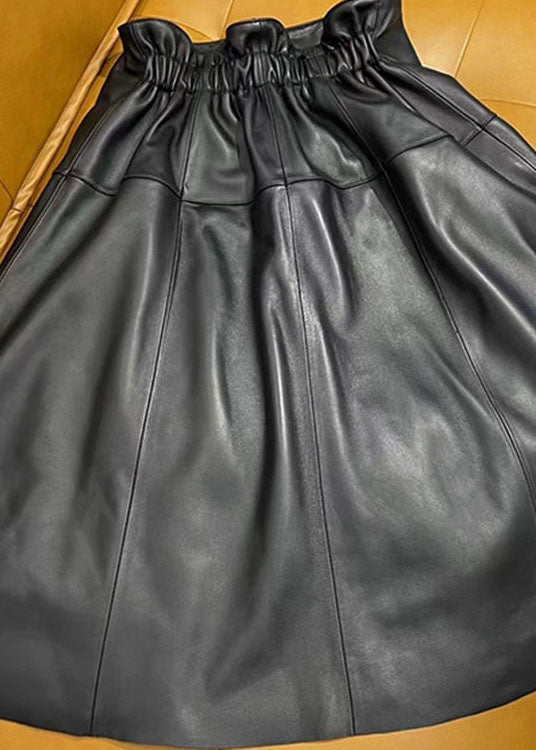 Black Pockets Wrinkled Patchwork Sheepskin Fall Skirt
