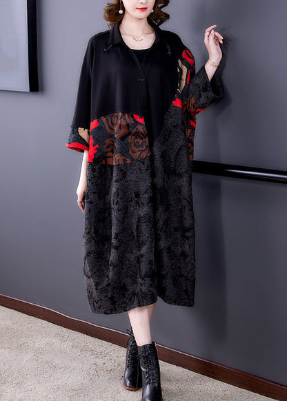 Black Print Button Patchwork Cotton Long Coats Fall