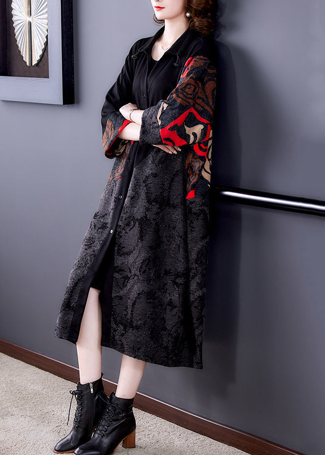 Black Print Button Patchwork Cotton Long Coats Fall