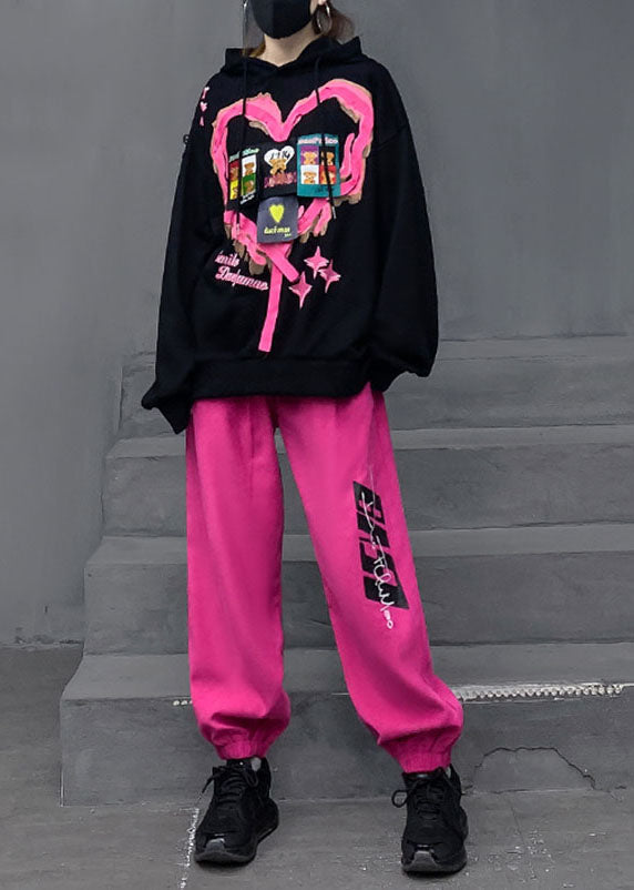 Black Print Cotton Hooded Pullover and Lantern Pants Two Pieces Set Fall