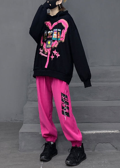Black Print Cotton Hooded Pullover and Lantern Pants Two Pieces Set Fall