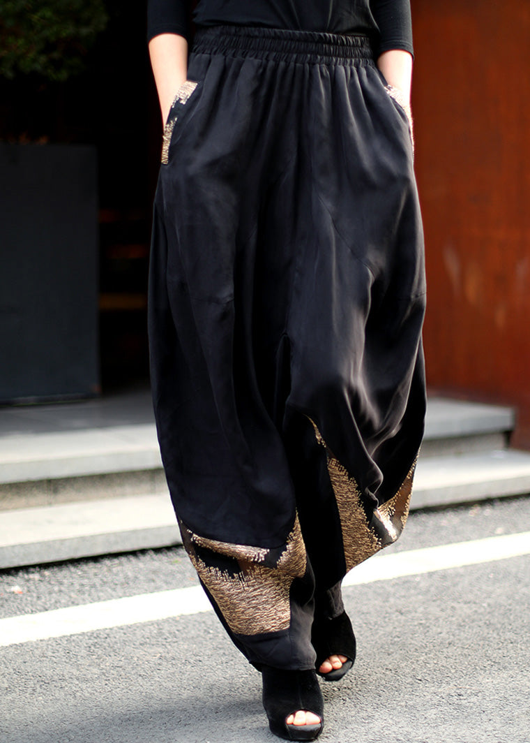 Black Print Elastic Waist Wide Leg Pants Spring