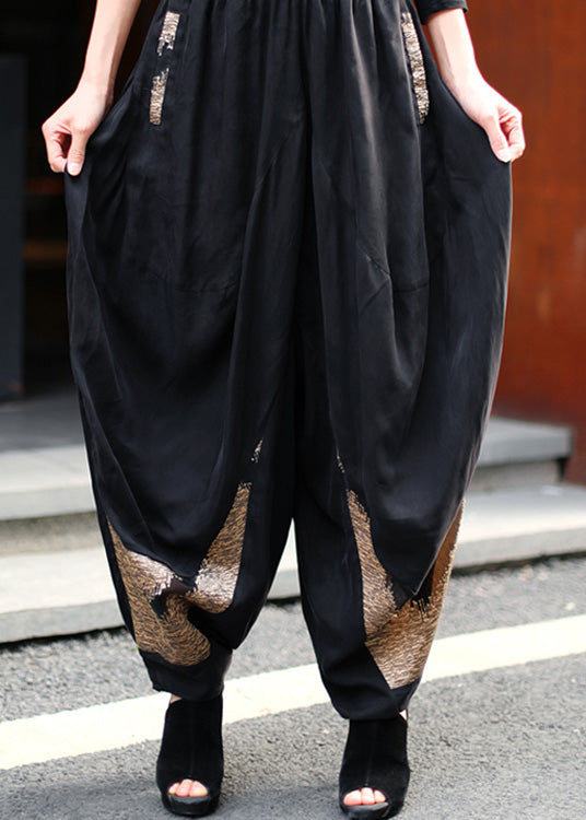 Black Print Elastic Waist Wide Leg Pants Spring