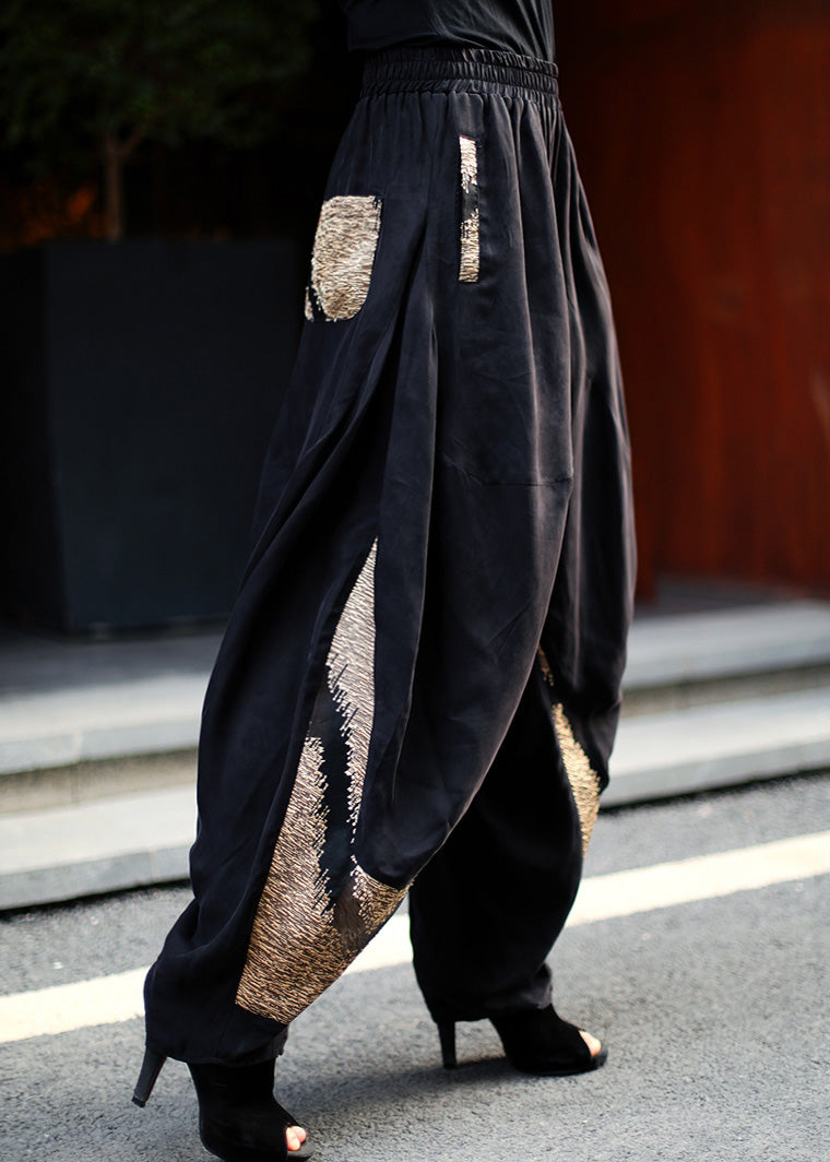 Black Print Elastic Waist Wide Leg Pants Spring