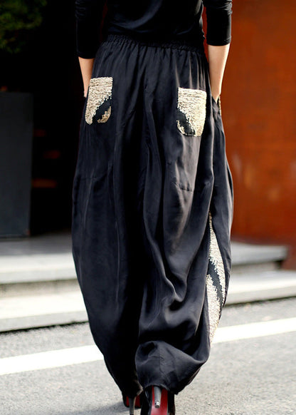 Black Print Elastic Waist Wide Leg Pants Spring