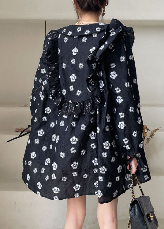 Black Print Ruffled Mini Dress Spring