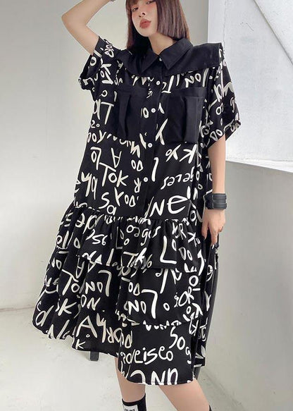 Black Print Patchwork Peter Pan Collar Robe Dresses Summer