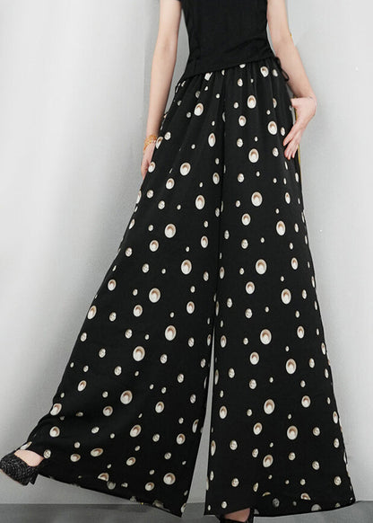 Black Print Pockets Elastic Waist Cotton Pants Summer
