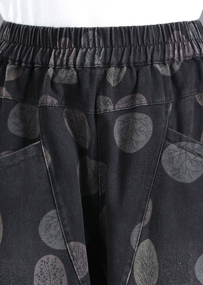 Black Print Pockets Elastic Waist Lantern Denim Pants Fall