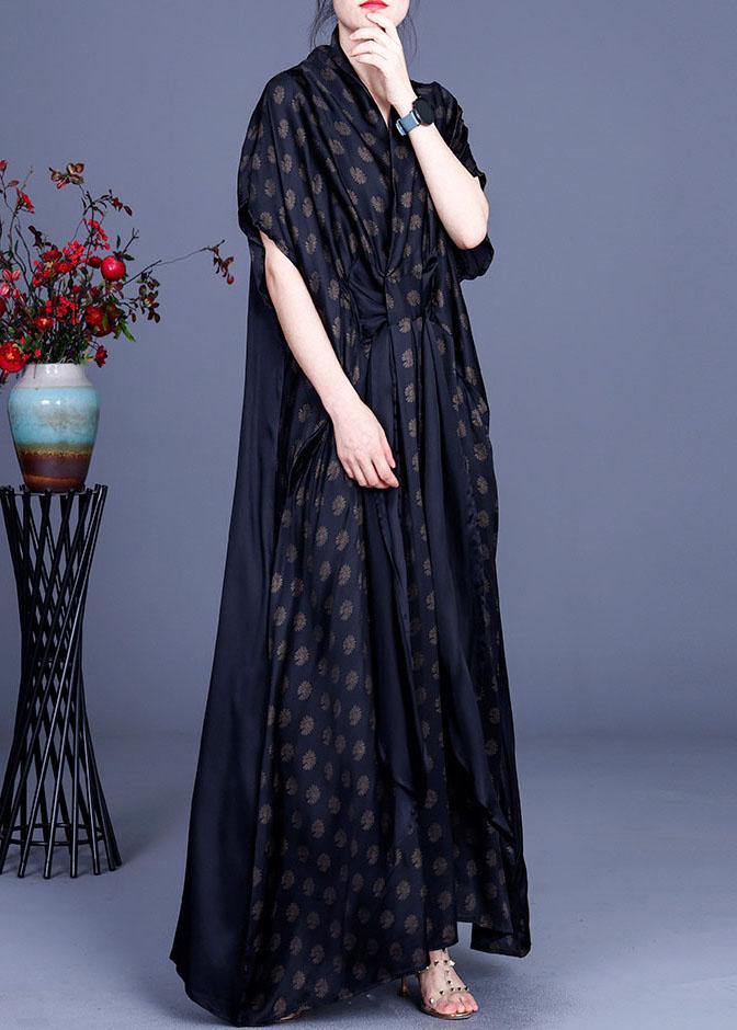 Black Print V Neck Asymmetrical Design Chiffon Vacation Dresses Summer