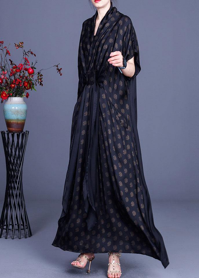 Black Print V Neck Asymmetrical Design Chiffon Vacation Dresses Summer