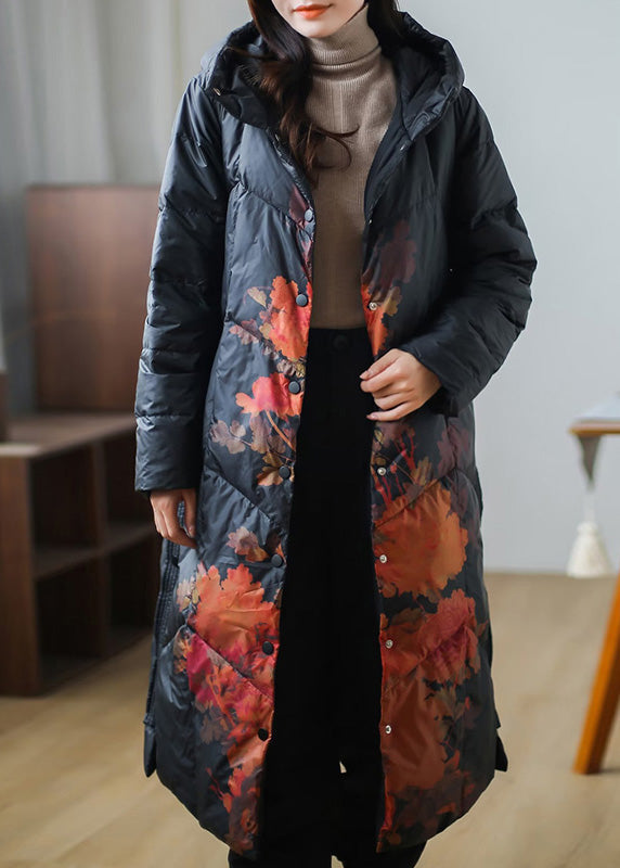 Black Print Warm Fleece Thick Duck Down Long Down Coat Winter