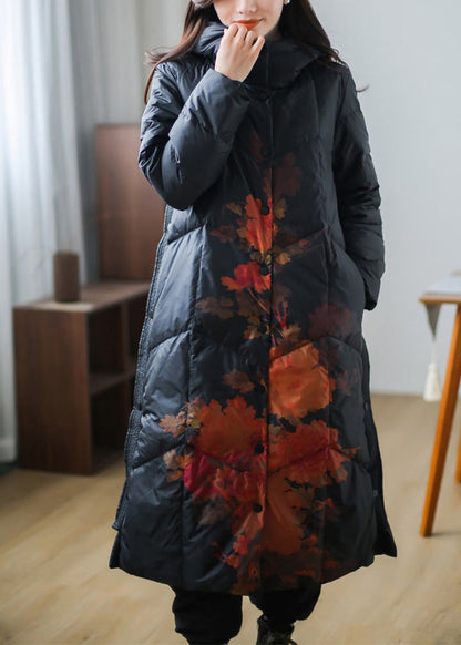 Black Print Warm Fleece Thick Duck Down Long Down Coat Winter
