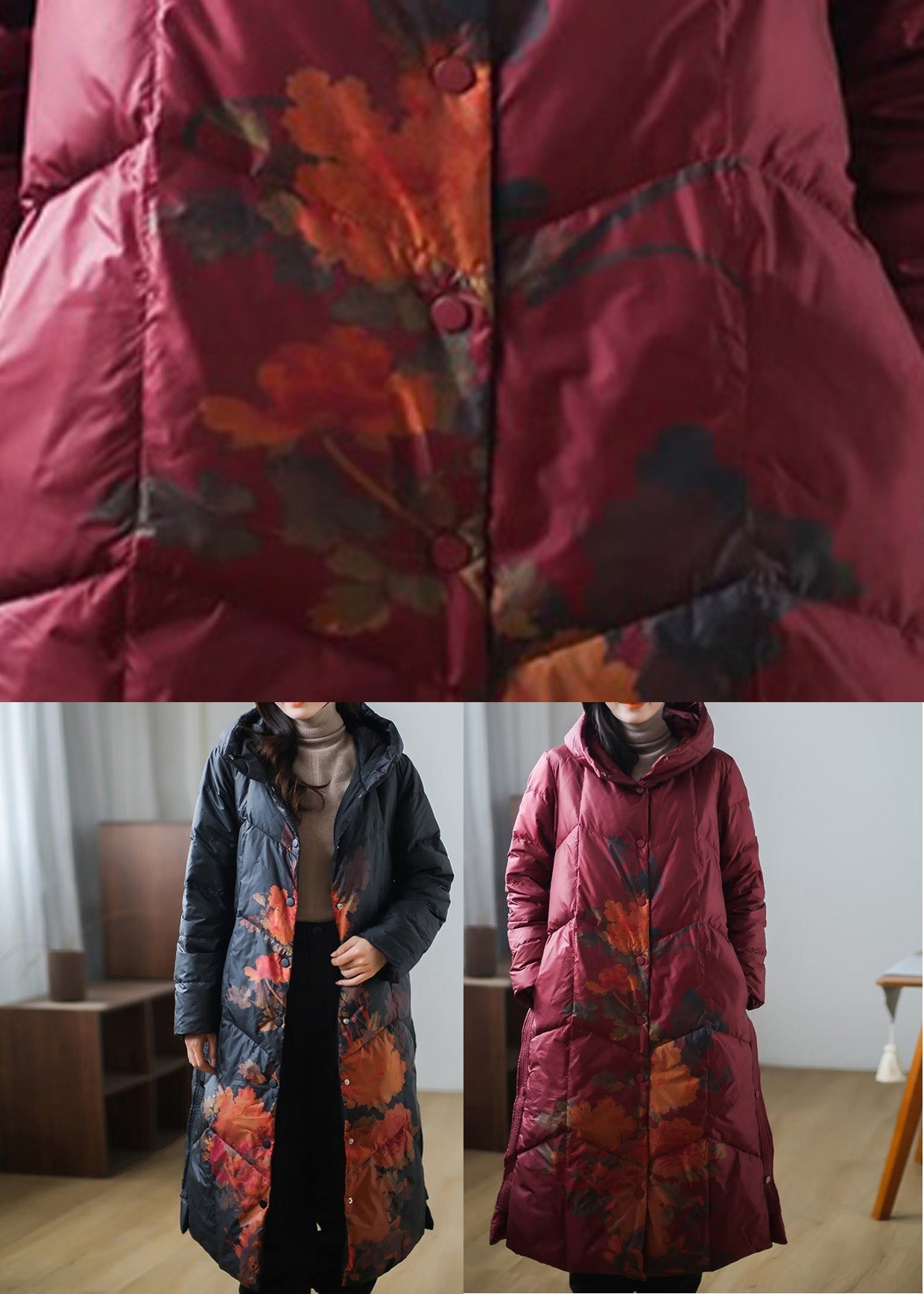 Black Print Warm Fleece Thick Duck Down Long Down Coat Winter