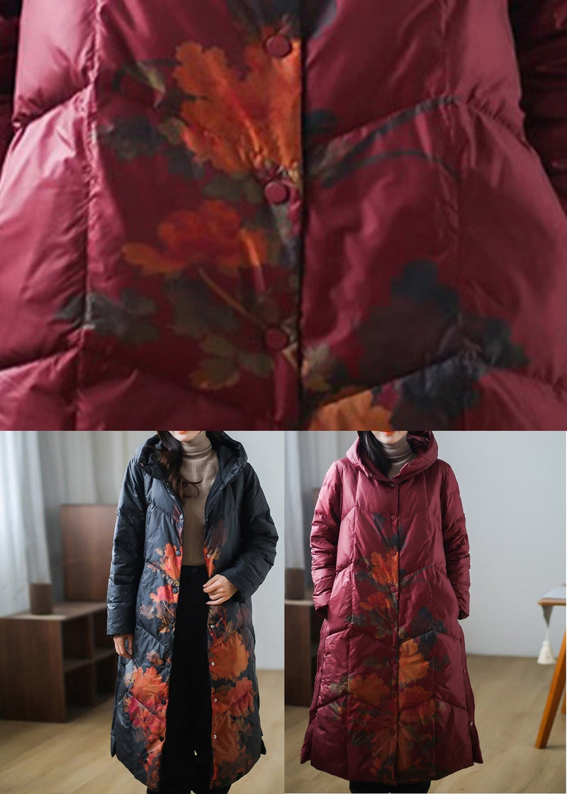 Black Print Warm Fleece Thick Duck Down Long Down Coat Winter
