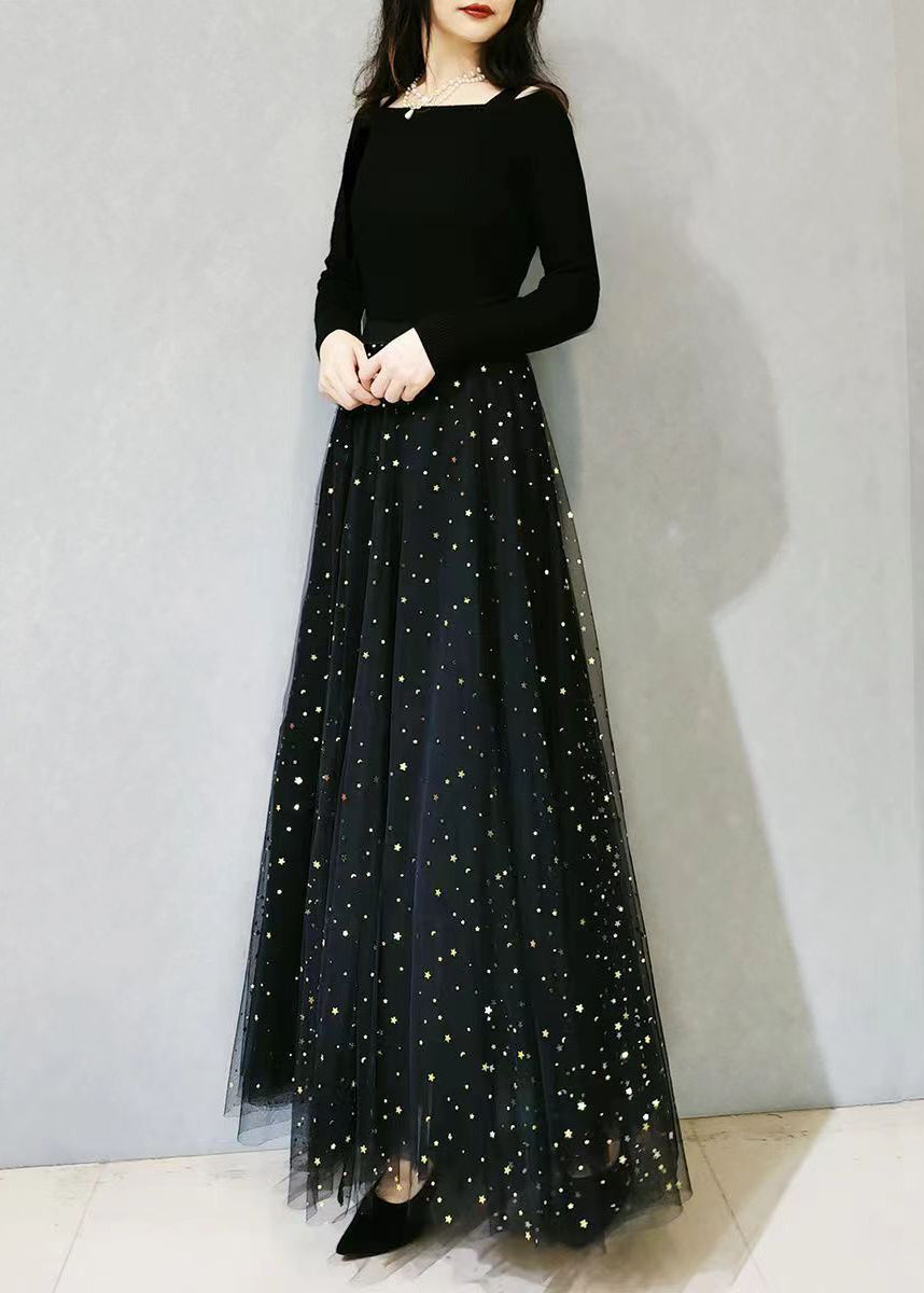 Black Print Wrinkled Elastic Waist Tulle Skirts Spring