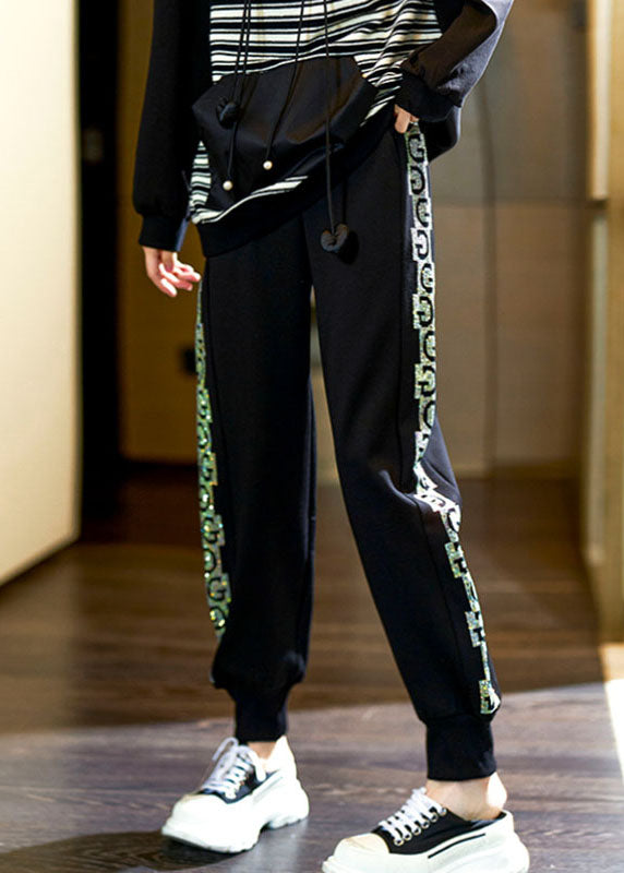 Black Print Zircon Elastic Waist Pockets Pants