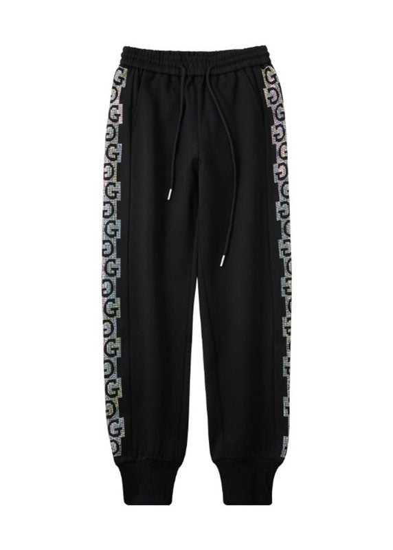 Black Print Zircon Elastic Waist Pockets Pants