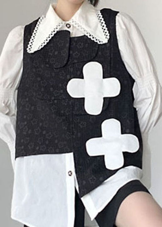 Black Print Asymmetrical Design Fall Vest