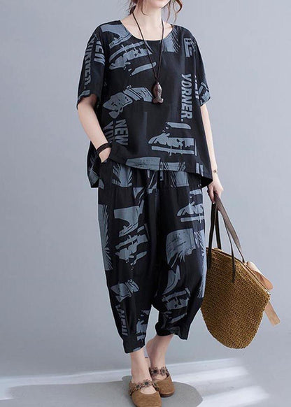Black Print Crop Pants Two Pieces Set Summer