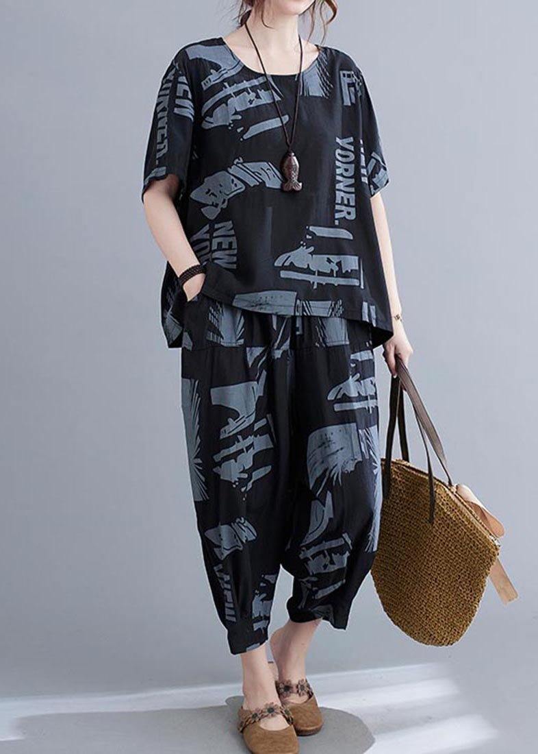 Black Print Crop Pants Two Pieces Set Summer