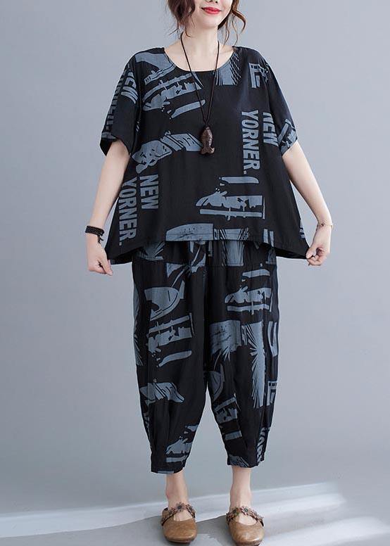 Black Print Crop Pants Two Pieces Set Summer