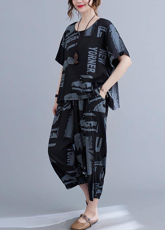 Black Print Crop Pants Two Pieces Set Summer