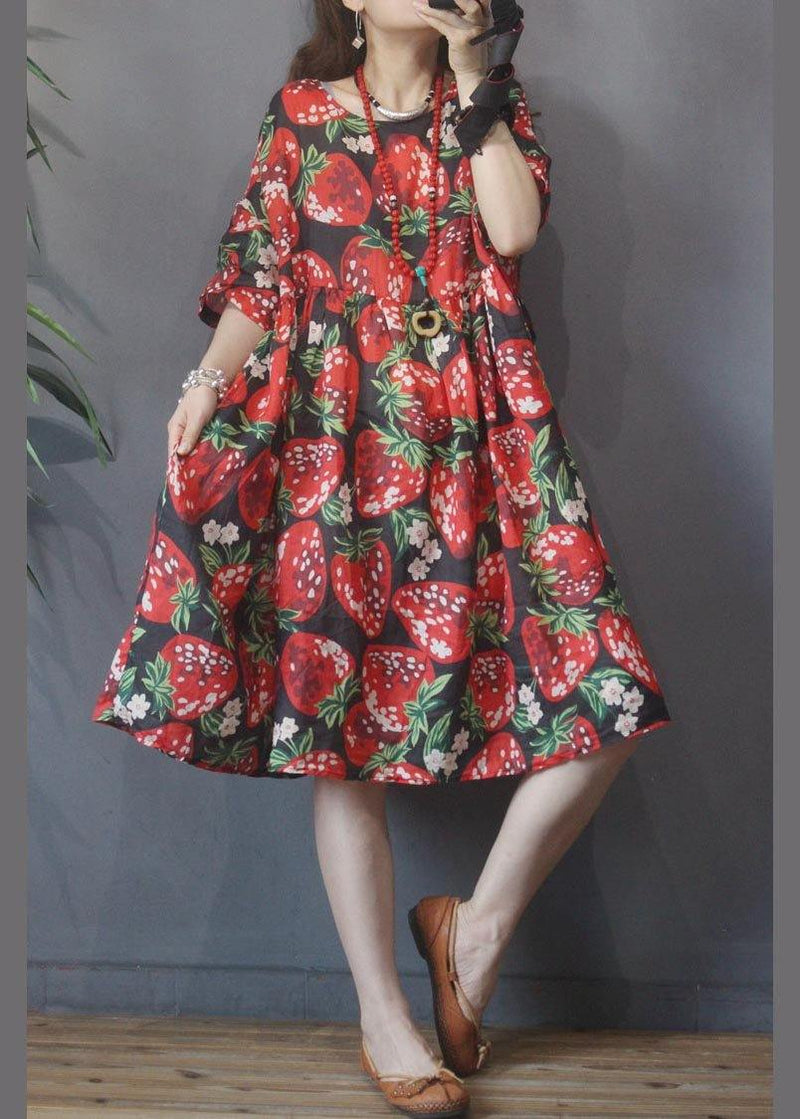Black Print Strawberry High Waist Long Dresses Summer Linen