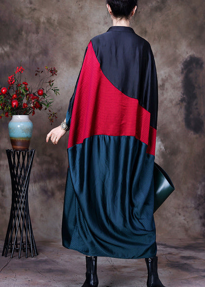 Black Red Green Patchwork Low High Design V Neck Button Trench Coat Long Sleeve