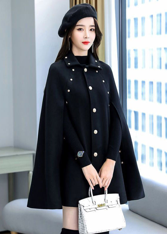 Black Rivet Button Thick Woolen Cape Coat Sleeveless
