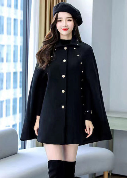Black Rivet Button Thick Woolen Cape Coat Sleeveless