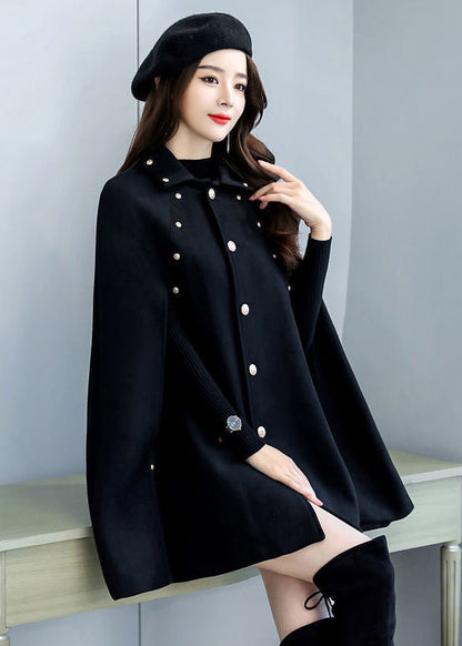 Black Rivet Button Thick Woolen Cape Coat Sleeveless