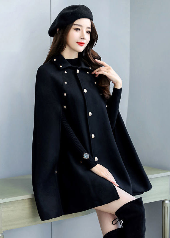 Black Rivet Button Thick Woolen Cape Coat Sleeveless