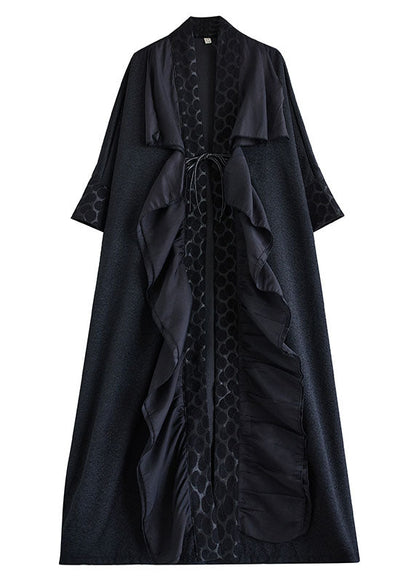 Black Ruffled Asymmetrical Patchwork Cotton Trench Spring