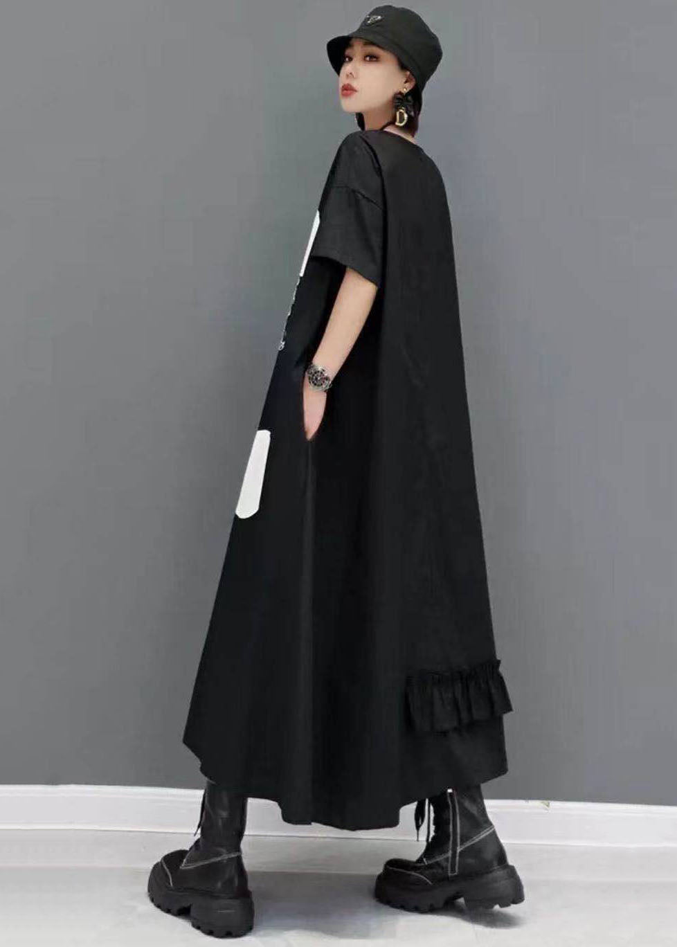 Black Ruffled Patchwork Dot Print Cotton Dresses Short Sleeve