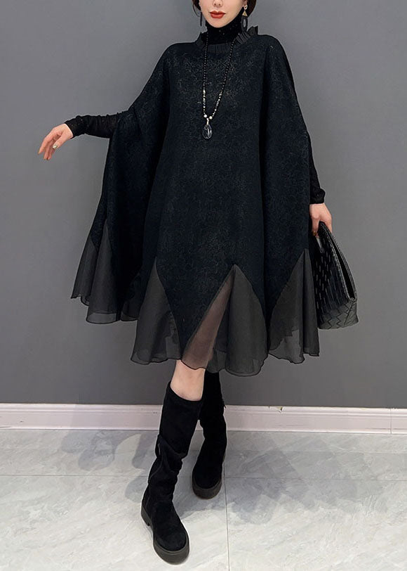 Black Ruffled Patchwork Organza Dress Batwing Sleeve