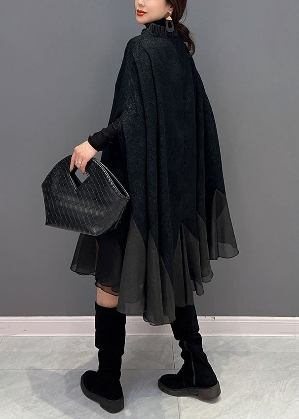 Black Ruffled Patchwork Organza Dress Batwing Sleeve