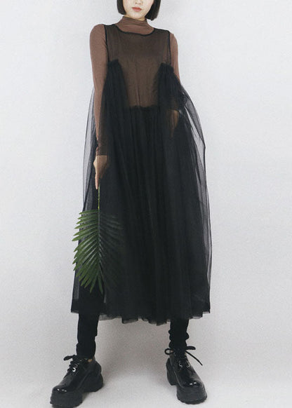 Black Ruffled Patchwork Tulle Vacation Dresses Sleeveless