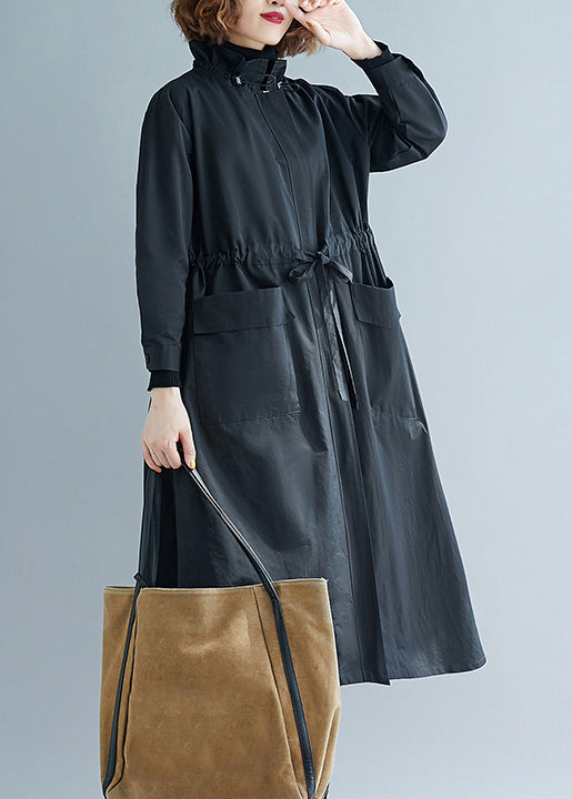 Black Ruffled Pockets Patchwork Cotton Trench Coats Fall