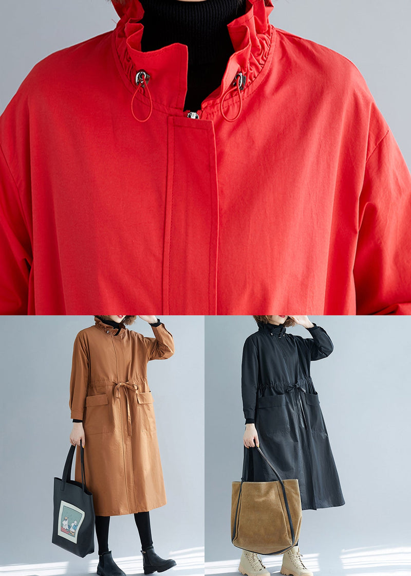 Black Ruffled Pockets Patchwork Cotton Trench Coats Fall
