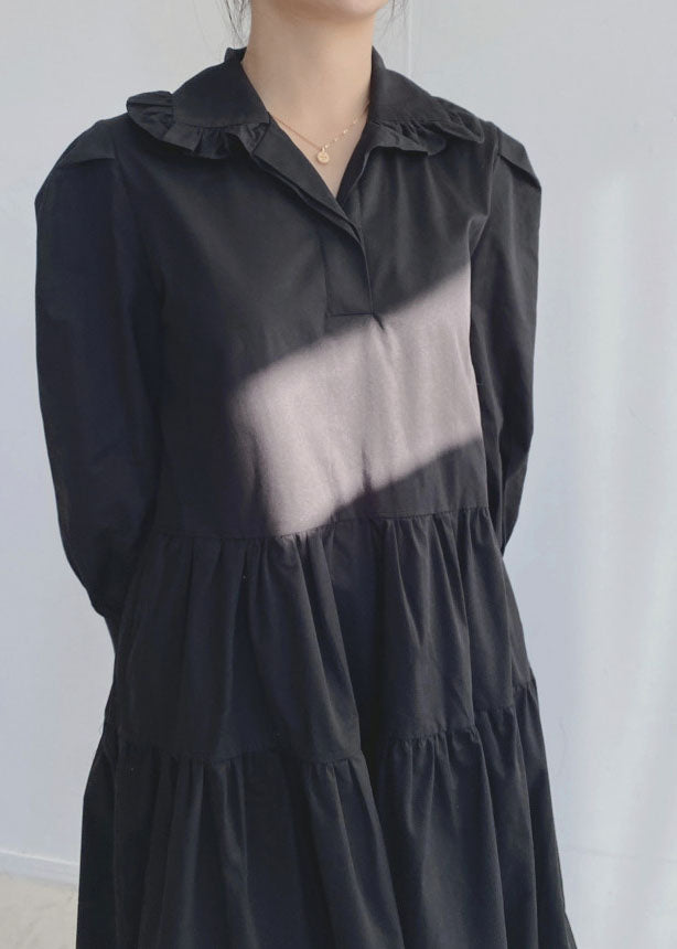 Black Ruffled Wrinkled Cotton Dress Spring