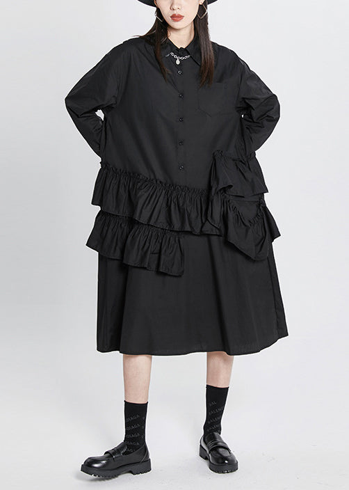 Black Peter Pan Collar Ruffles Patchwork Shirt Dress Long Sleeve