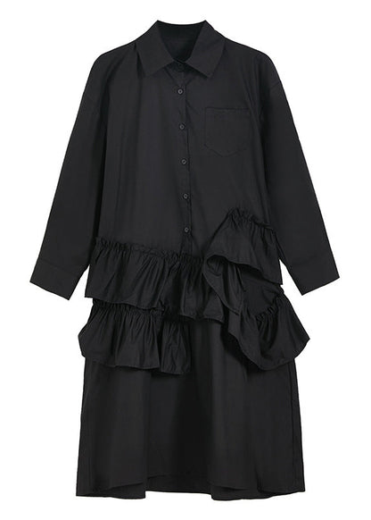 Black Peter Pan Collar Ruffles Patchwork Shirt Dress Long Sleeve