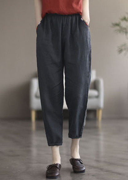 Black Pockets Linen Crop Pants Summer
